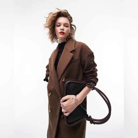 Topshop double breasted long coat in chocolate - Picture 3 of 10